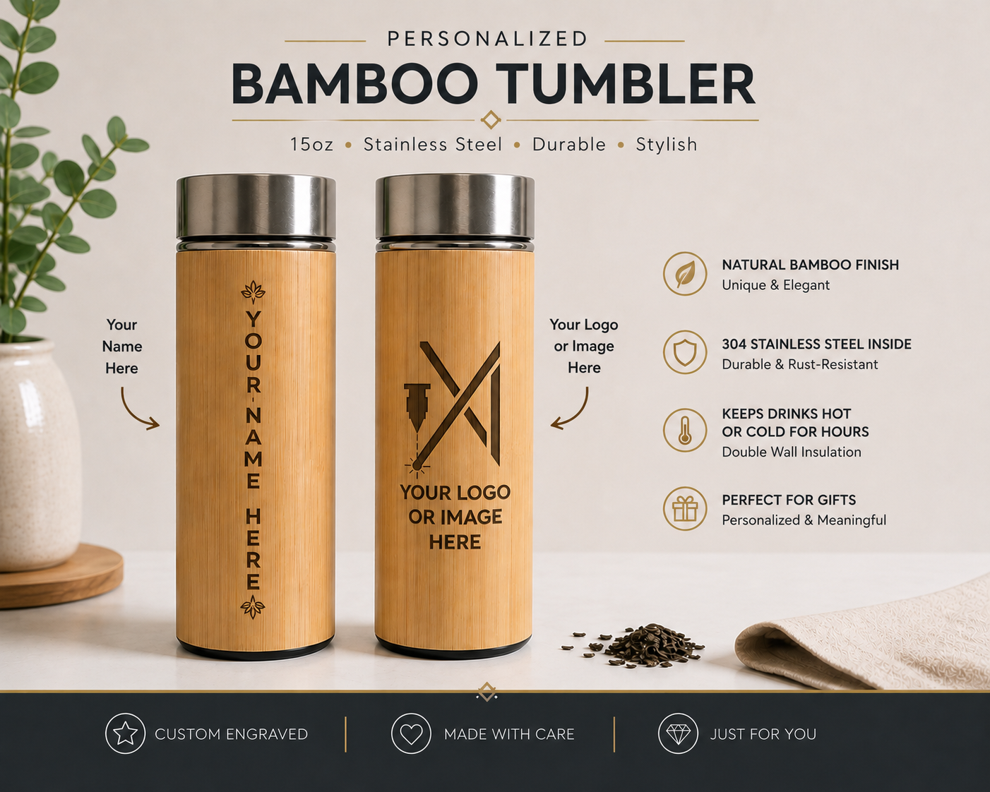 Personalized Bamboo Tumbler 15oz – Stainless Steel Engraved Bottle with Natural Bamboo Finish