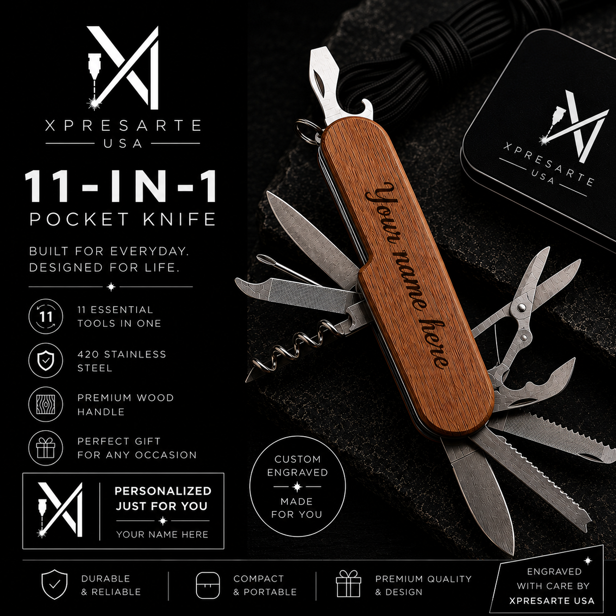 Personalized 11-in-1 Wood Handle Pocket Knife | Custom Engraved Multi Tool
