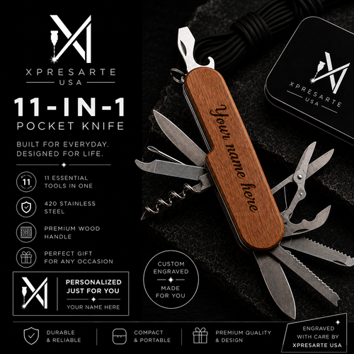 Personalized 11-in-1 Wood Handle Pocket Knife | Custom Engraved Multi Tool