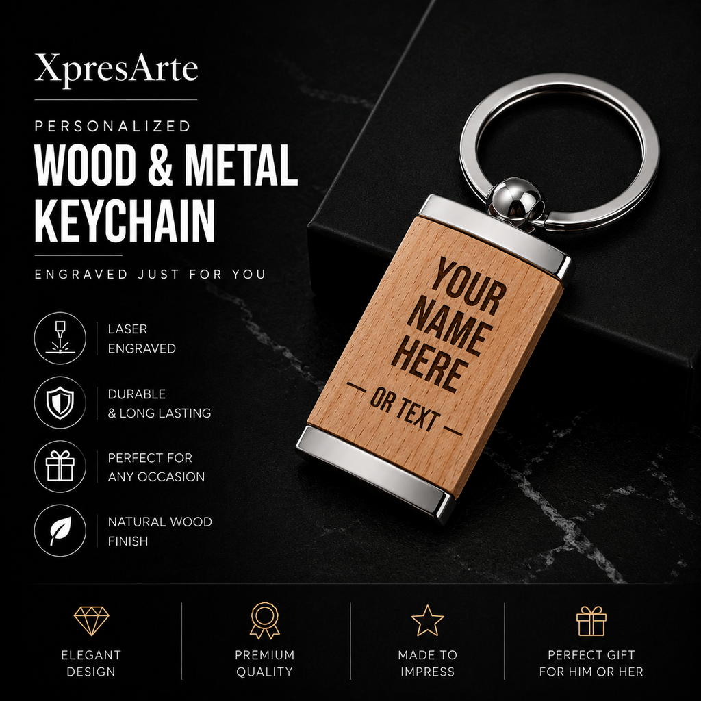 Personalized Wood & Metal Rectangle Keychain | Custom Engraved