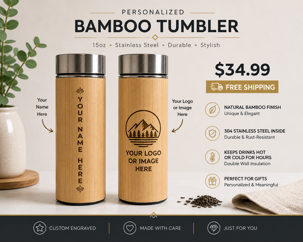 Personalized Bamboo Tumbler 15oz – Stainless Steel Engraved Bottle with Natural Bamboo Finish